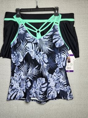ZeroXPosur Tropical Print Swim Tankini Set Skort Blue, Mint Trim XXL Plus Size